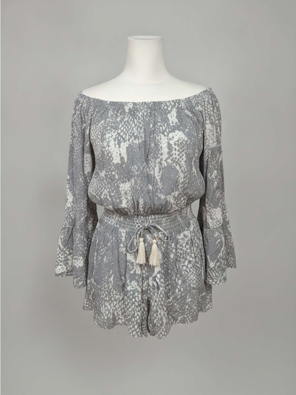 Off-Shoulder Gray Snake-Print Romper with Tassel Tie
